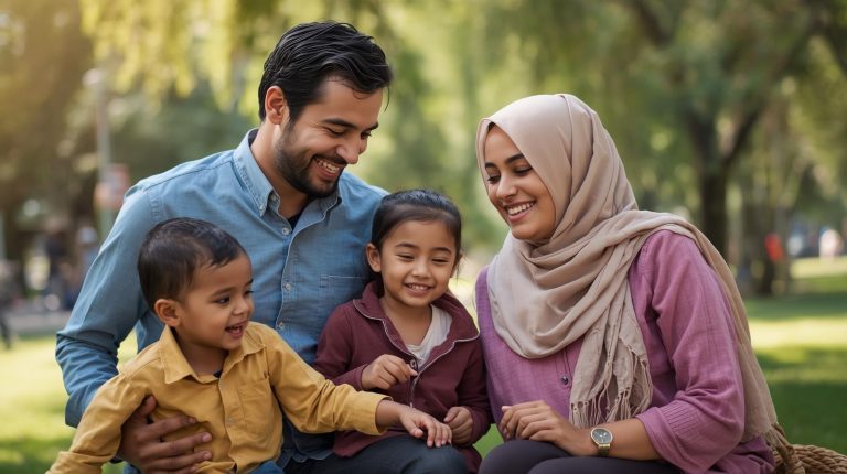 create a picture of a happy muslim familly