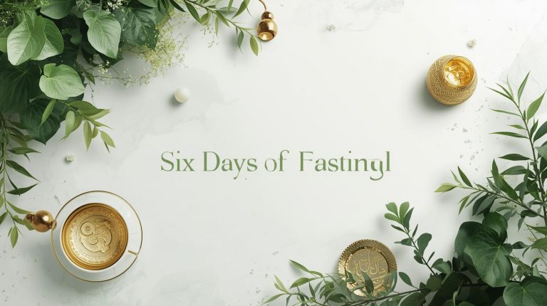 create a image and heading six days of fasting shawwal in coloursgreen, white and gold