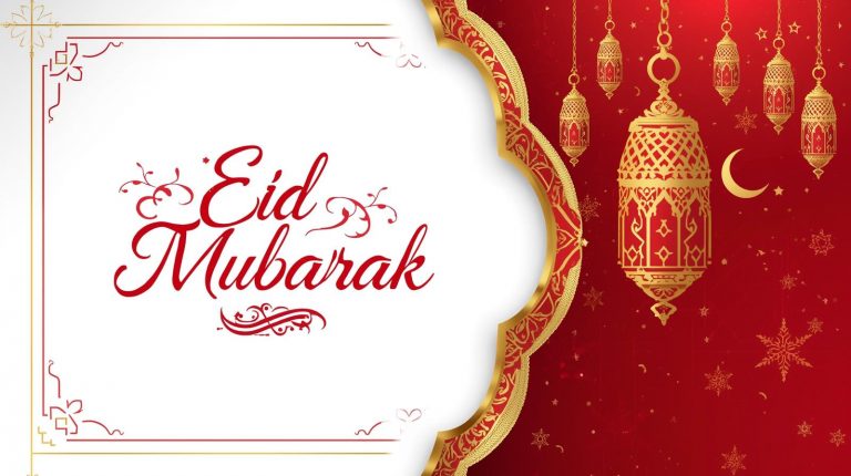 create the heading and image of eid mubarak in red, white and gold colour